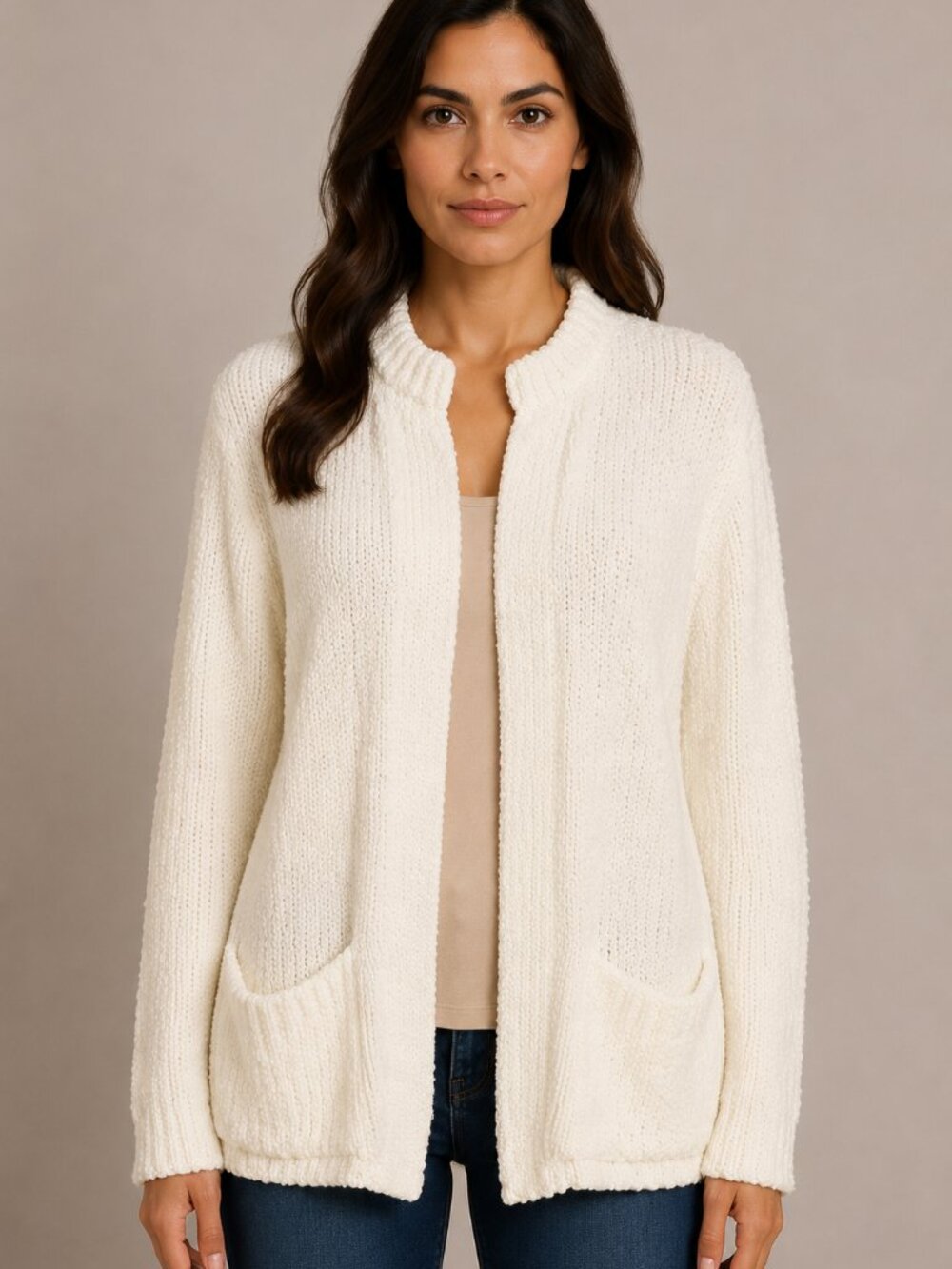 Alicia 22W 42 Ivory Textured Knit Open Front Cardigan Sweater Pockets